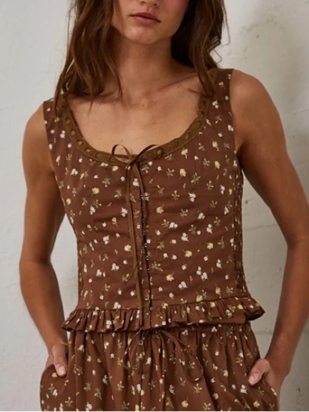 Brown Floral tank Ruffle Waist crop Tank shop your darling style